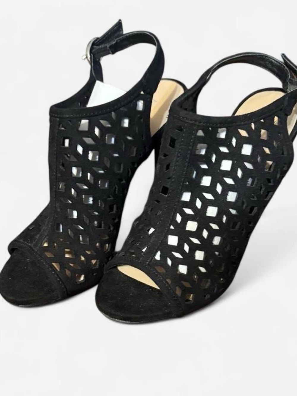 Michael Shannon Black Laser-Cut Peep-Toe Slingback Heels